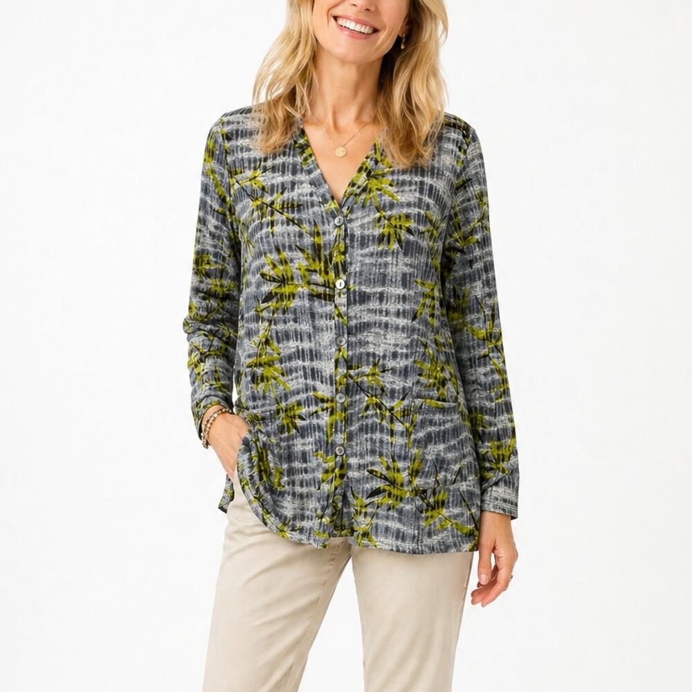 2/$15 LOGO Lori Goldstein Floral V-Neck Sweater Gray Size M